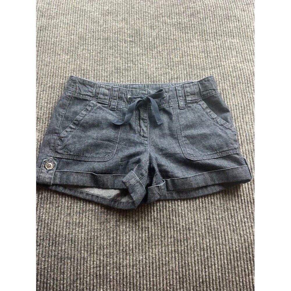 Ann Taylor Dark Blue Denim Cotton Cuffed Shorts With drawstrings, Size 0